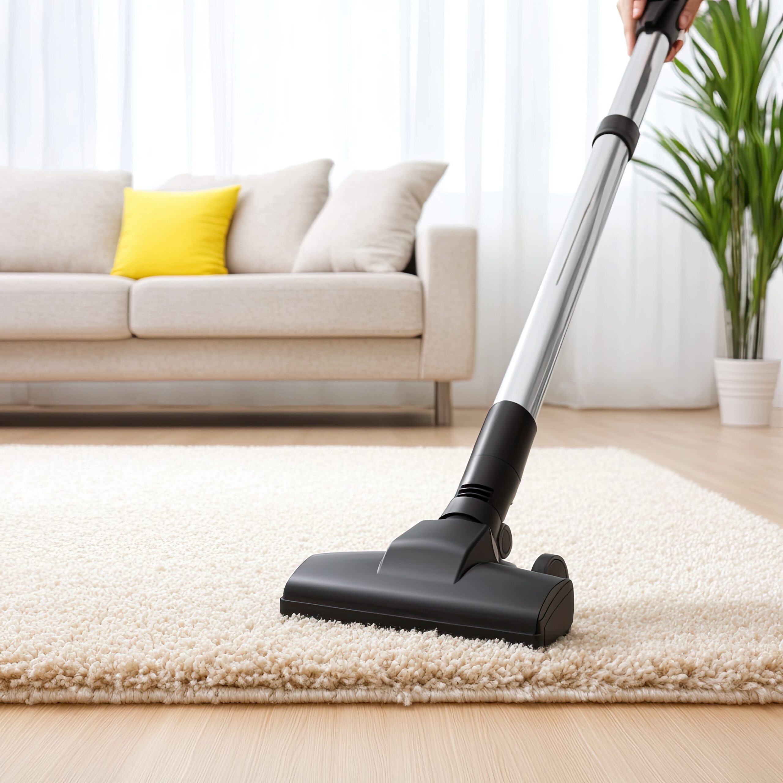 Modern cleaning scene featuring a vacuum cleaner on a bright rug, emphasizing hygiene and home care.